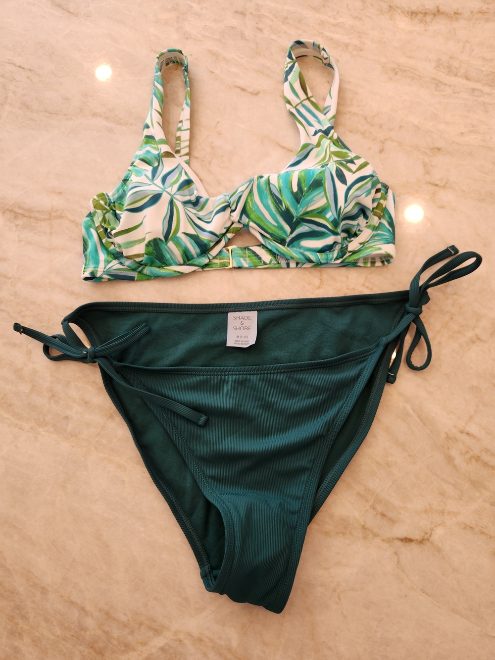 Shade & Shore Green Leaf Print  Bikini Top with Side-Tie Bottoms